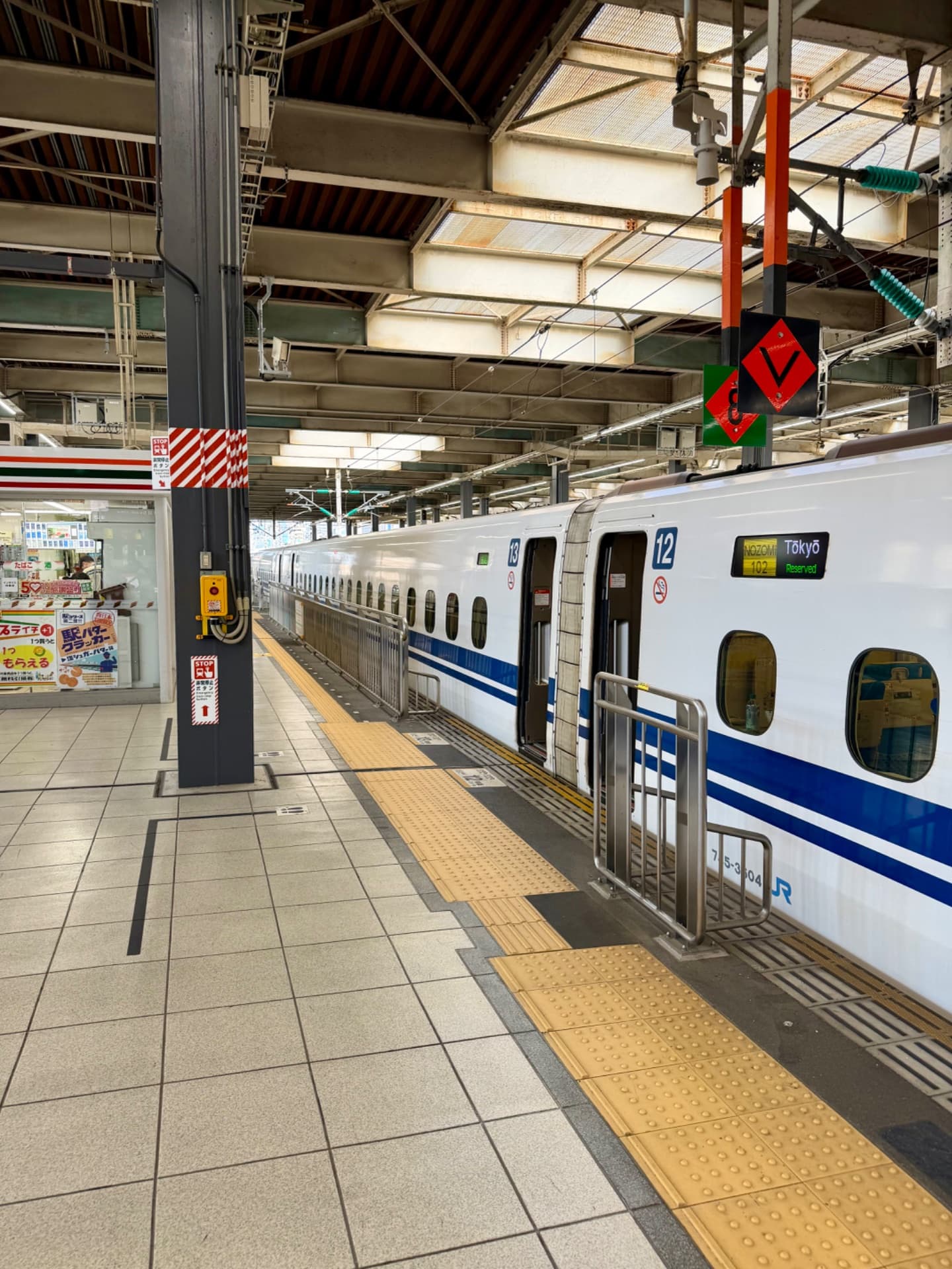 Japanese bullet train at Tokyo station platform with white and blue Shinkansen train stopped at platform 12.