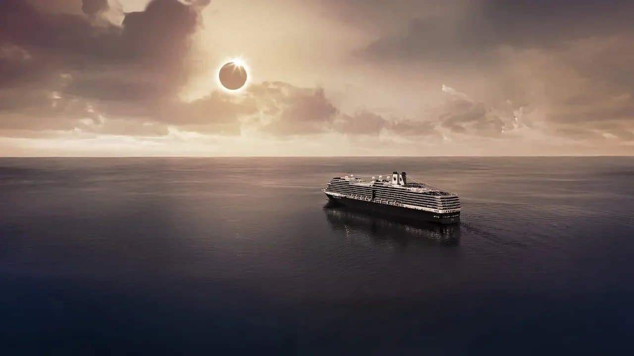 Large cruise ship sailing on calm ocean waters under dramatic sky with sun breaking through clouds