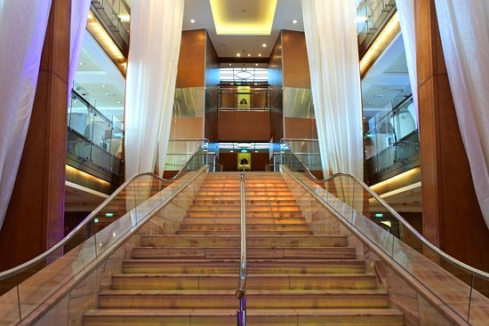 Grand staircase with wooden steps and modern lighting in cruise ship atrium