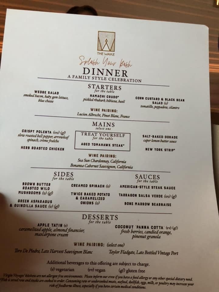 The Wake restaurant dinner menu for family style celebration