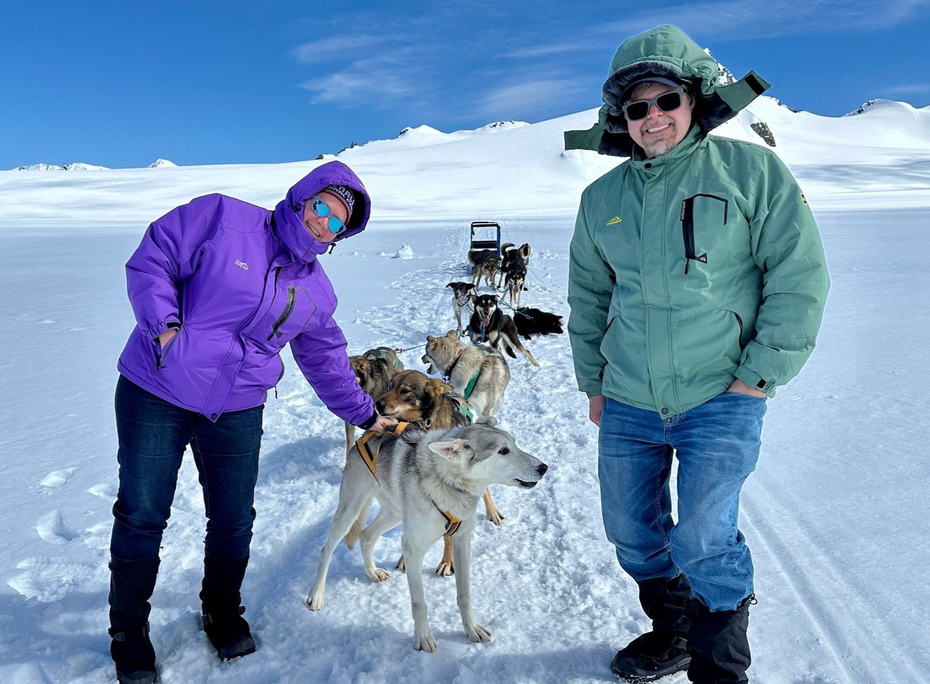 Dog sledding team on frozen Arctic ice landscape