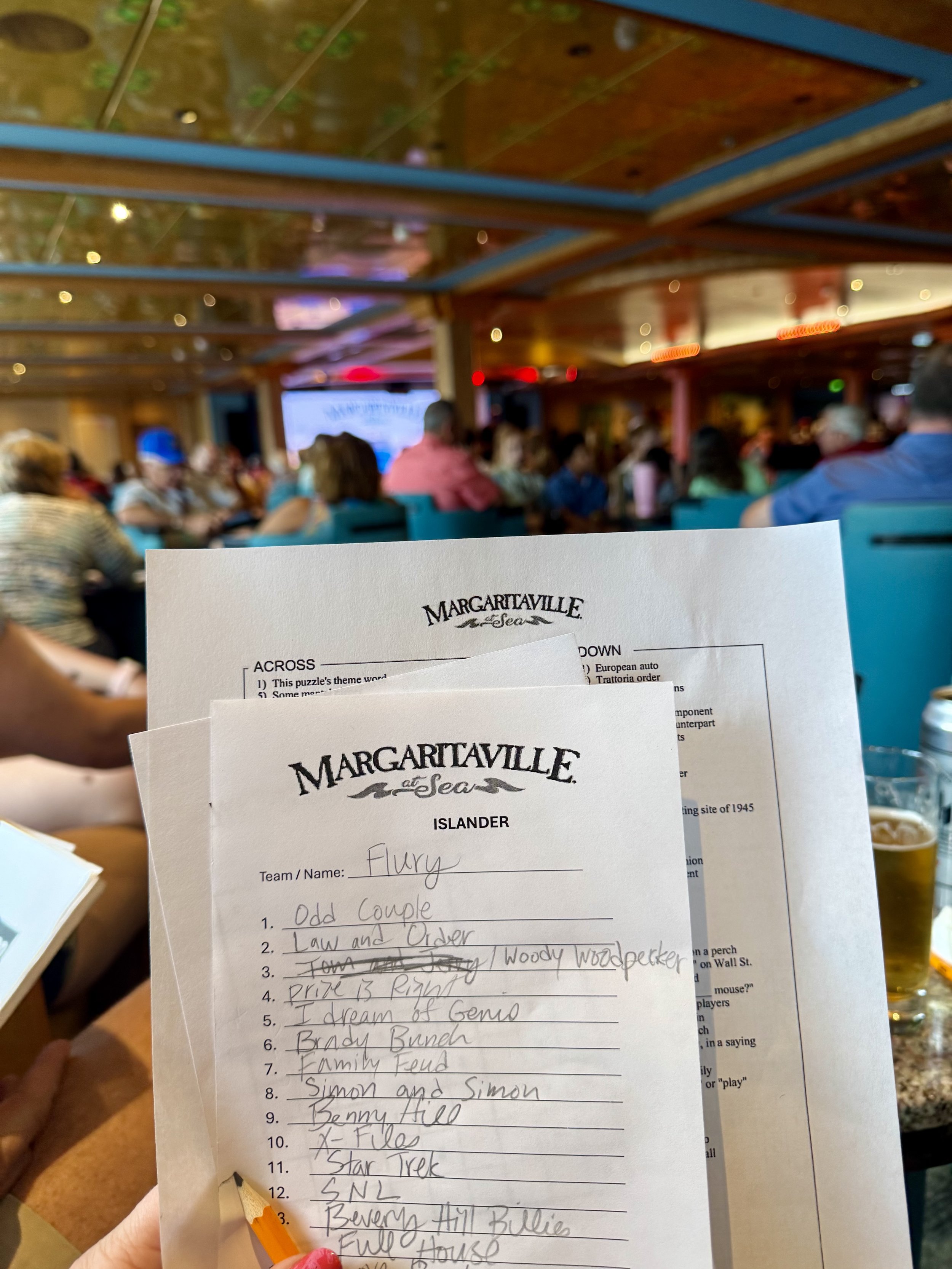 Margaritaville at Sea trivia game sheet with handwritten answers
