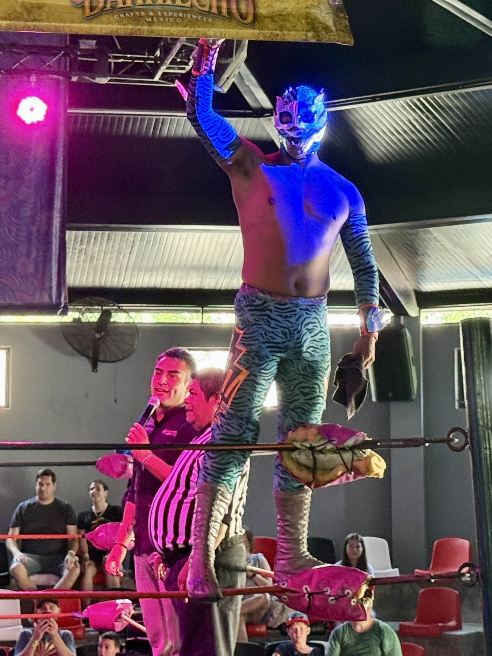 Lucha libre wrestler celebrates victory in ring with audience