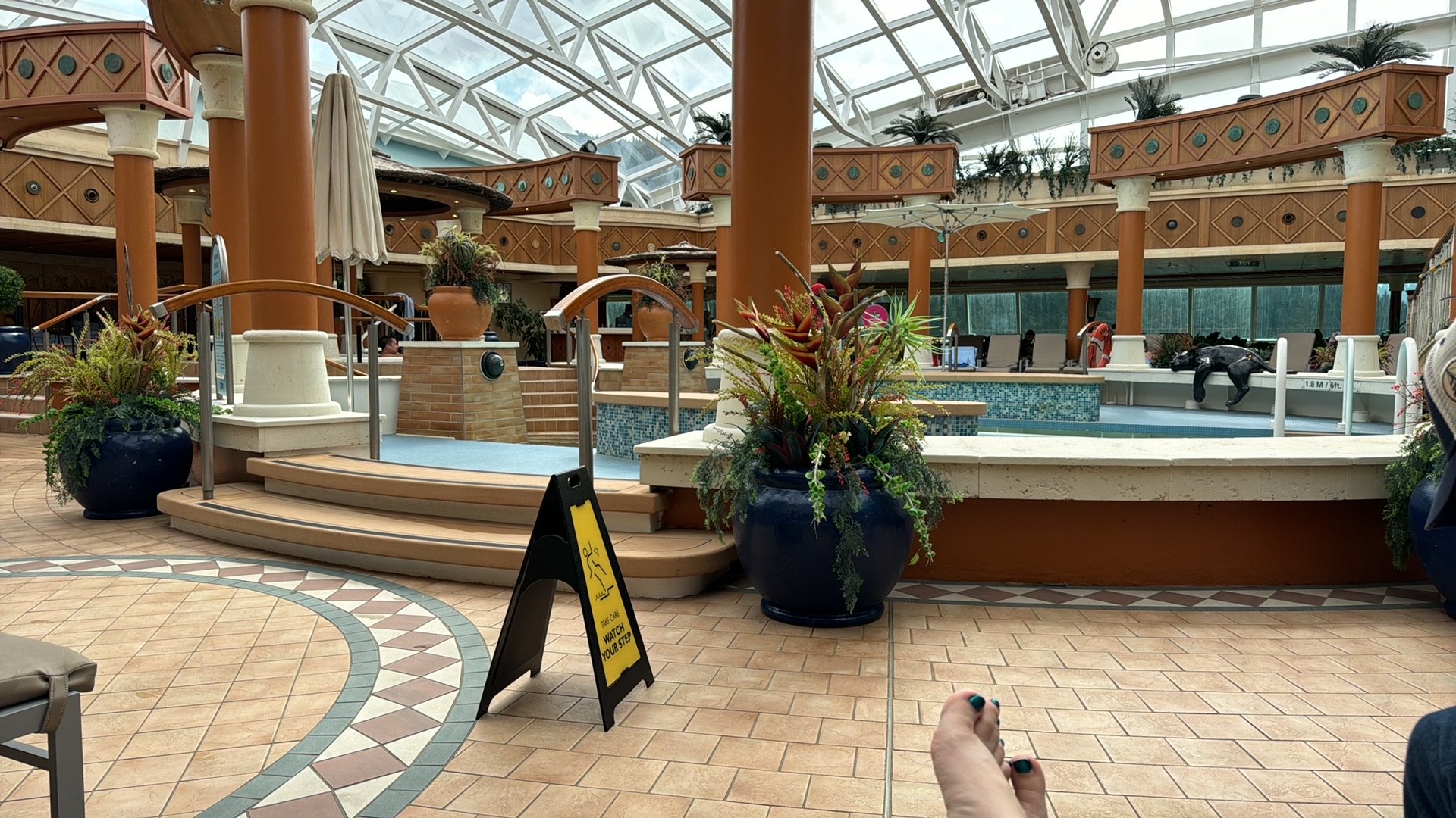 Indoor pool deck with tropical plants and glass ceiling