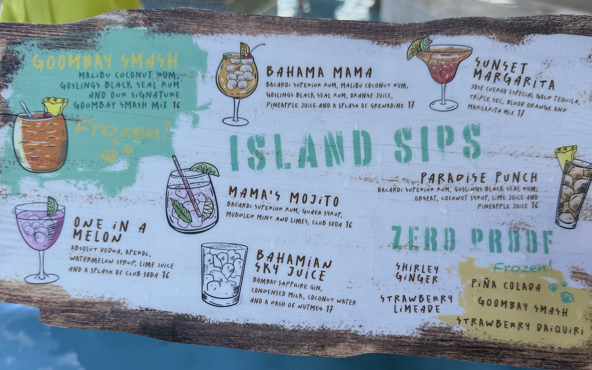 Tropical cocktail menu board with island drink recipes and prices