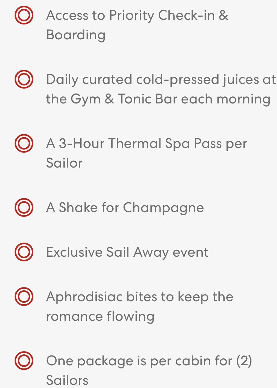 Cruise perks list includes priority boarding spa pass champagne
