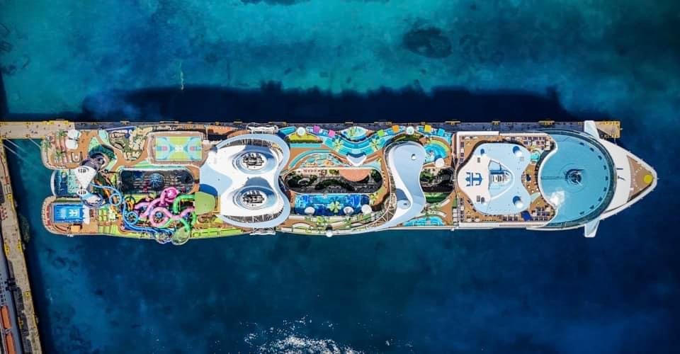 Aerial view of large cruise ship docked in turquoise Caribbean waters