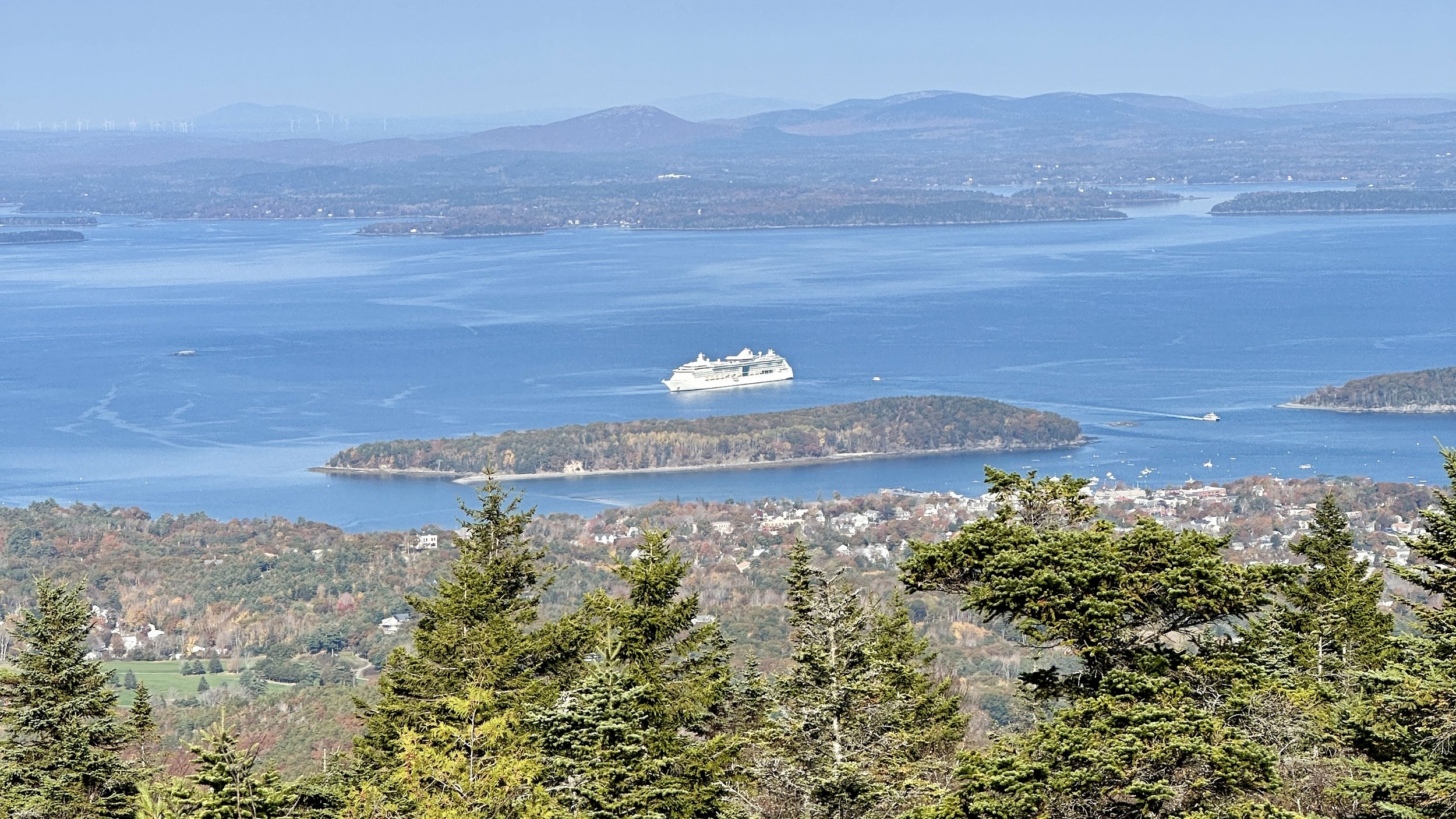 Cruise ship on Lake Constance with forested island and Alpine mountains