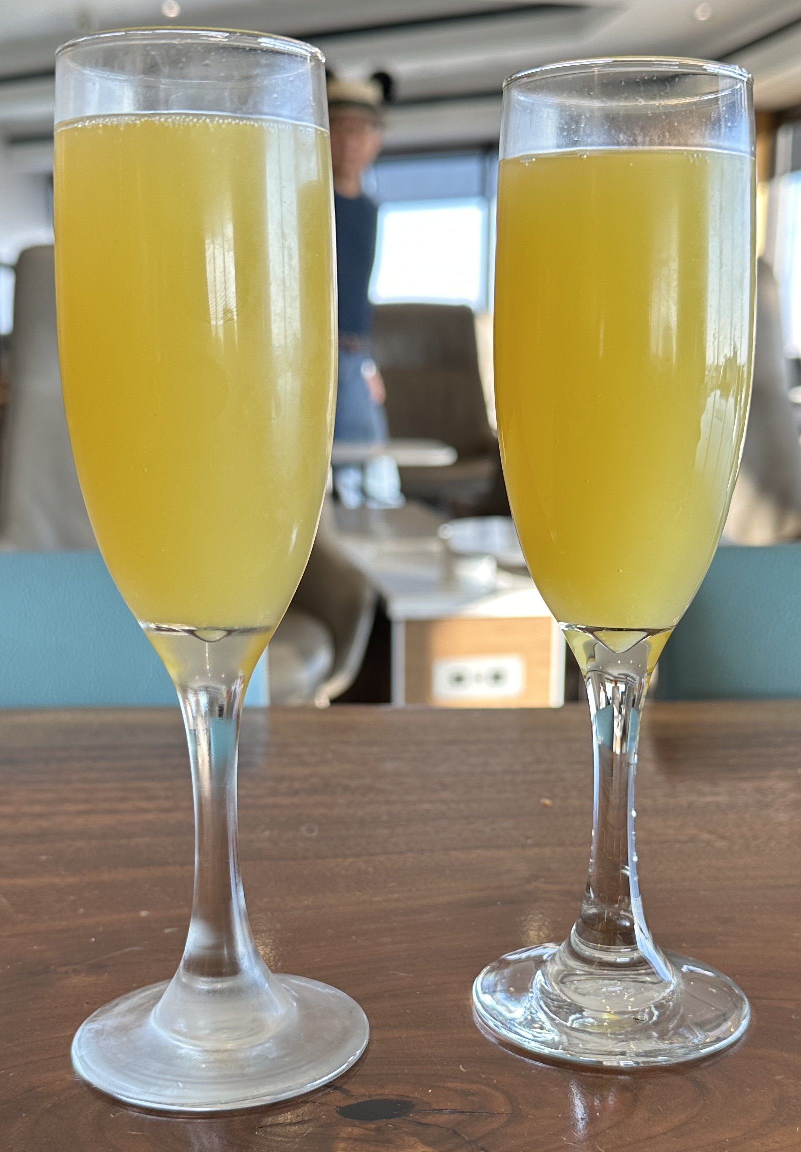 Two glasses of champagne on cruise ship table