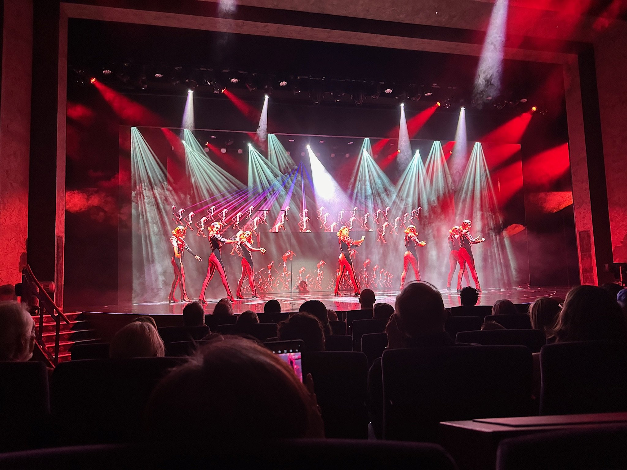 # Broadway-style cabaret show on cruise ship stage with performers