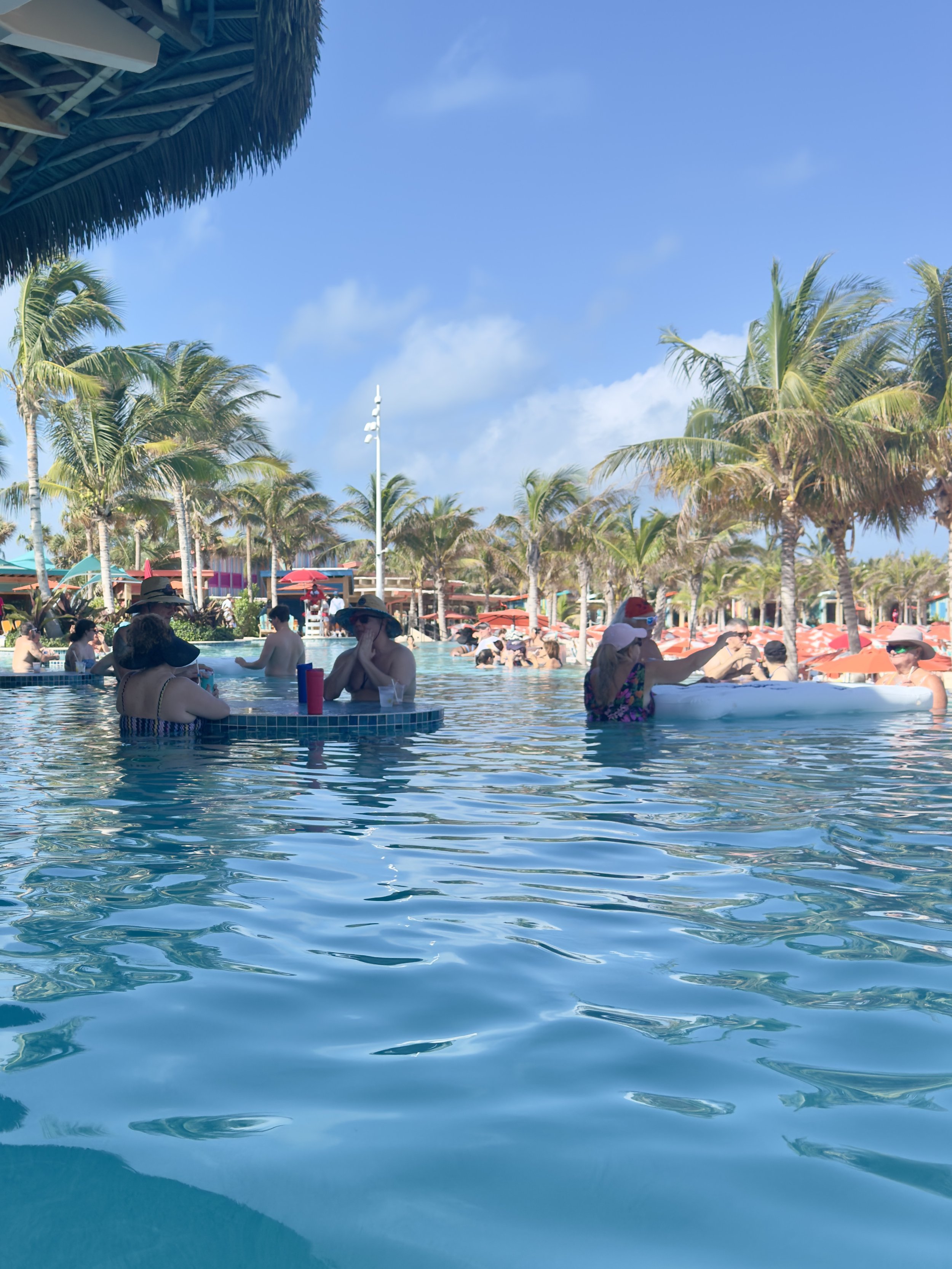 Guests relaxing in tropical pool with palm trees and thatched roof