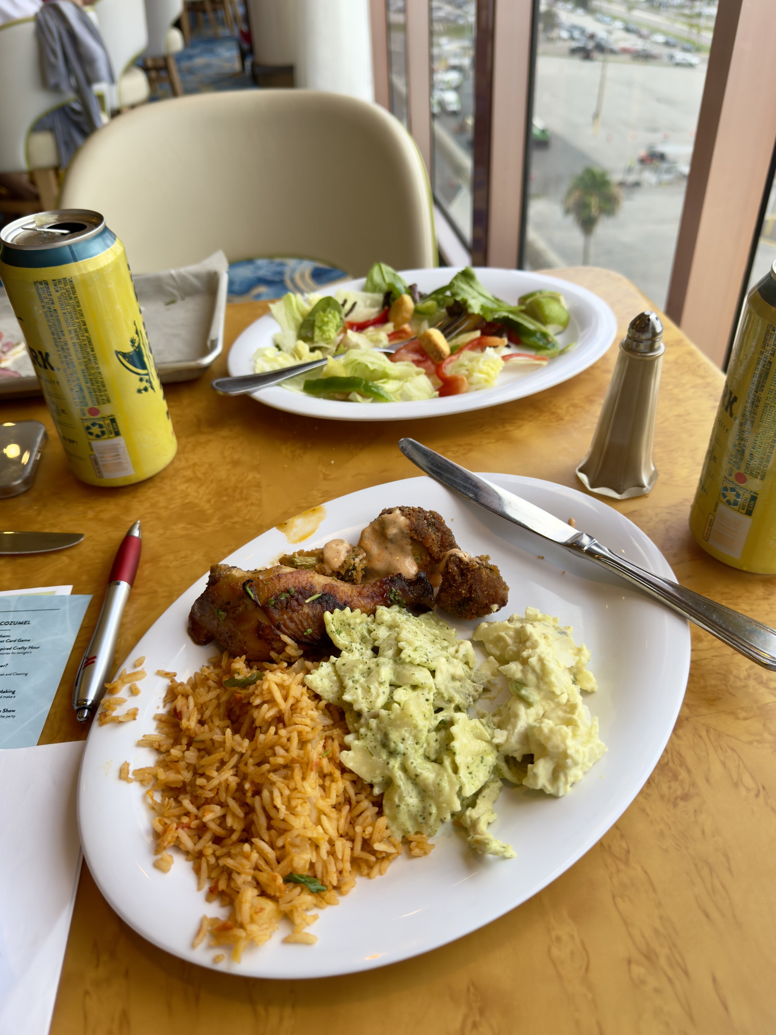 Dining with ocean view, fried chicken, rice, and salad plate