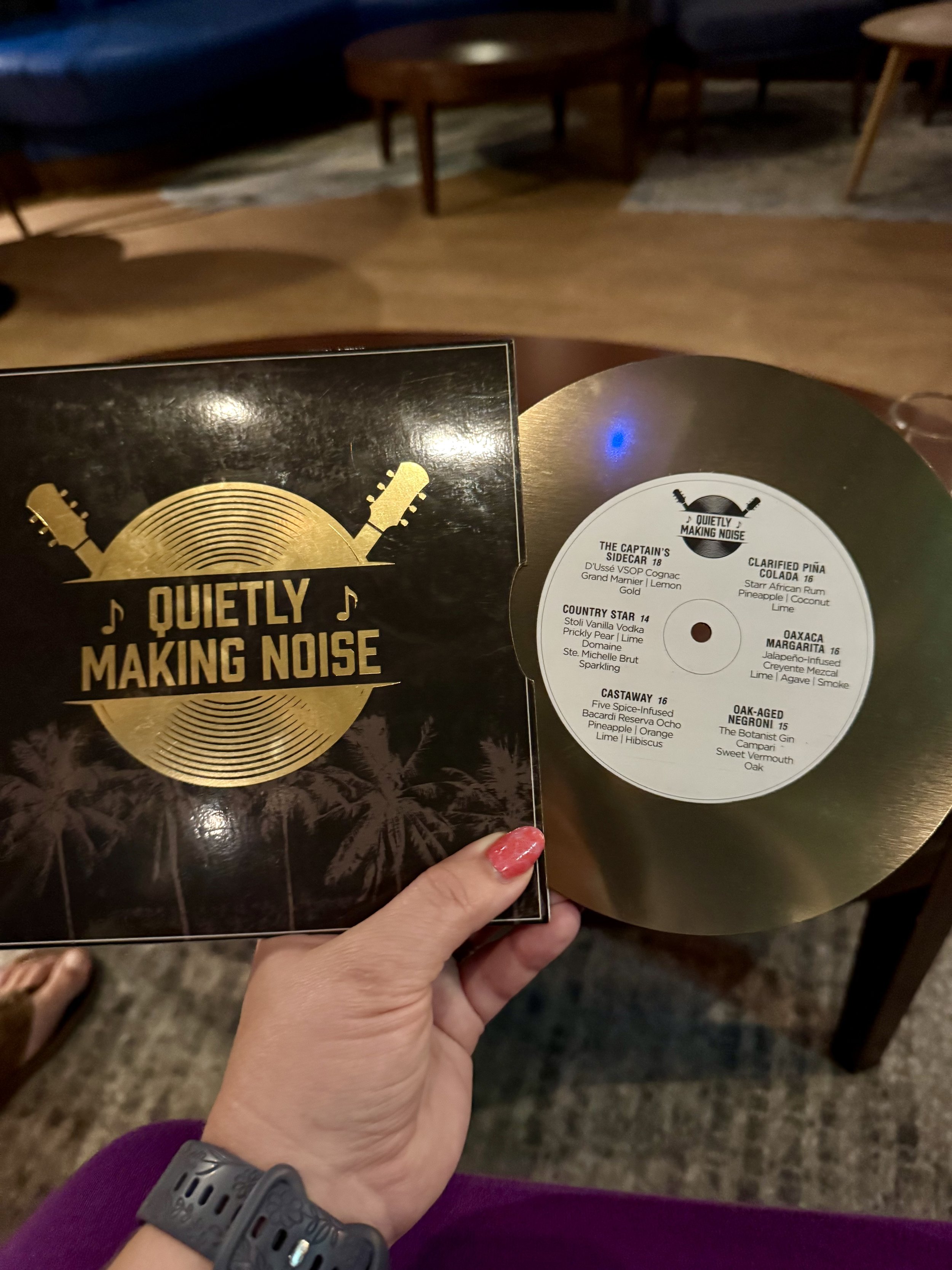 Quietly Making Noise cocktail recipe vinyl record album held in hand