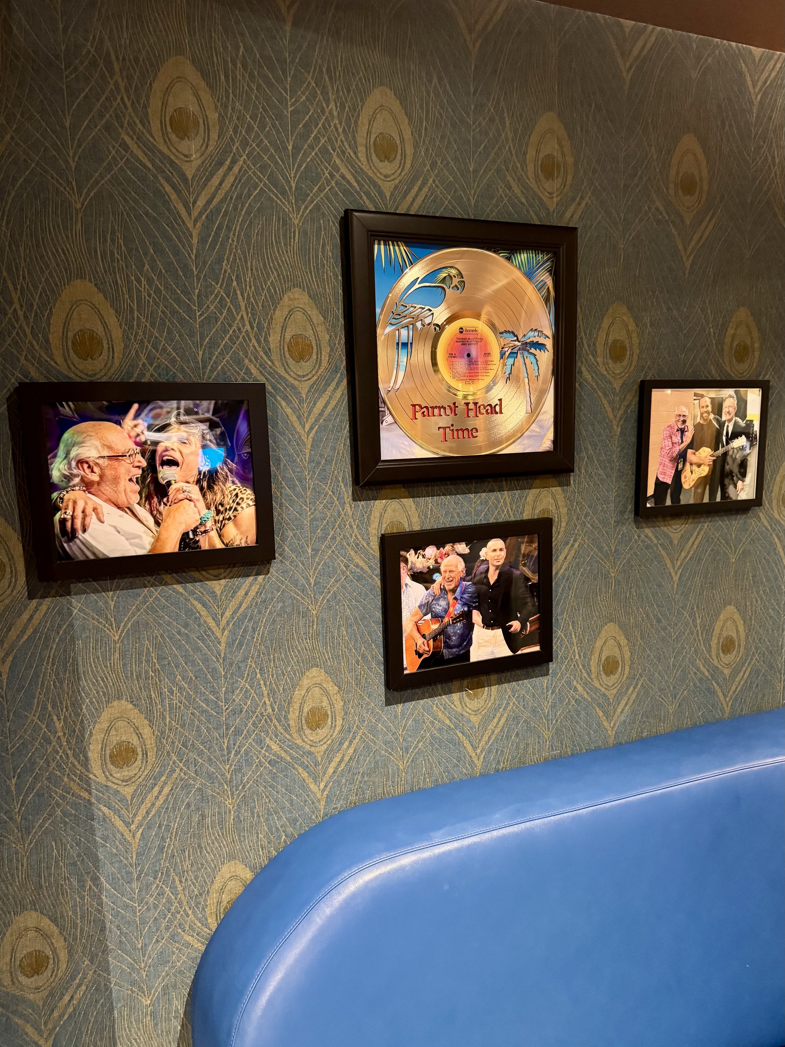 Parrot Head Time album display with cruise ship photos and memorabilia