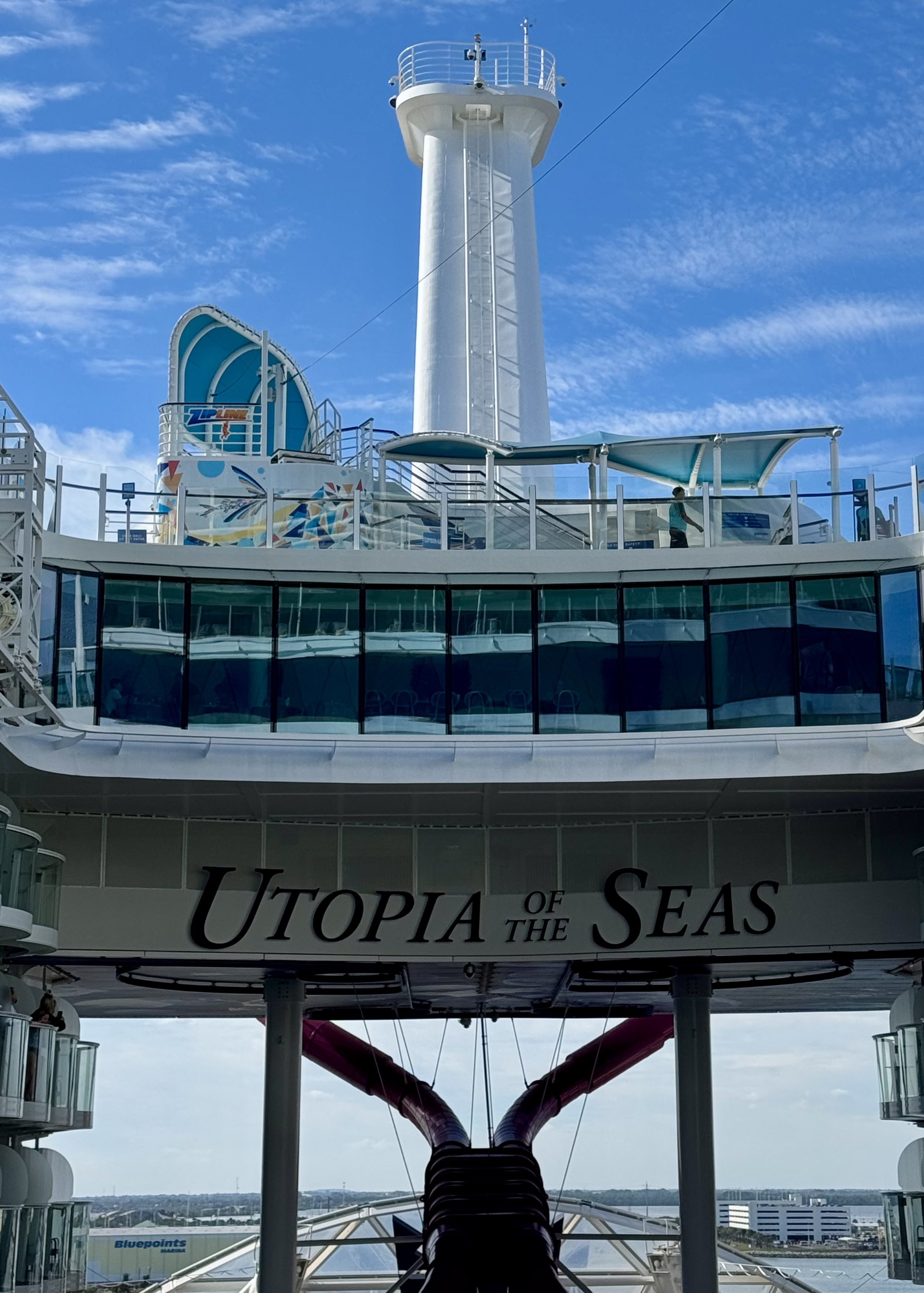 Utopia of the Seas cruise ship with water slide and tower