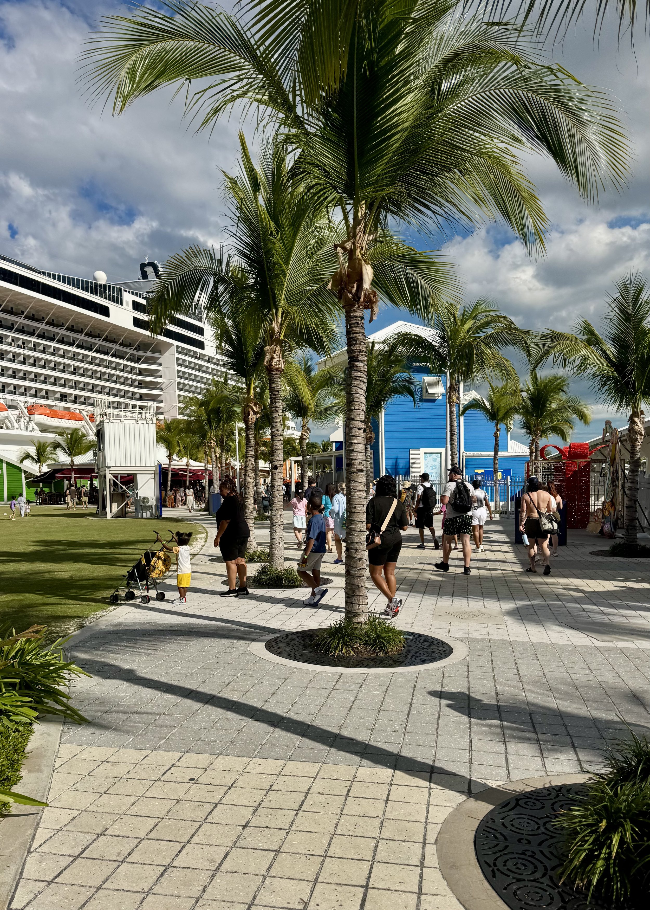 Cruise ship passengers strolling tropical palm-lined waterfront promenade