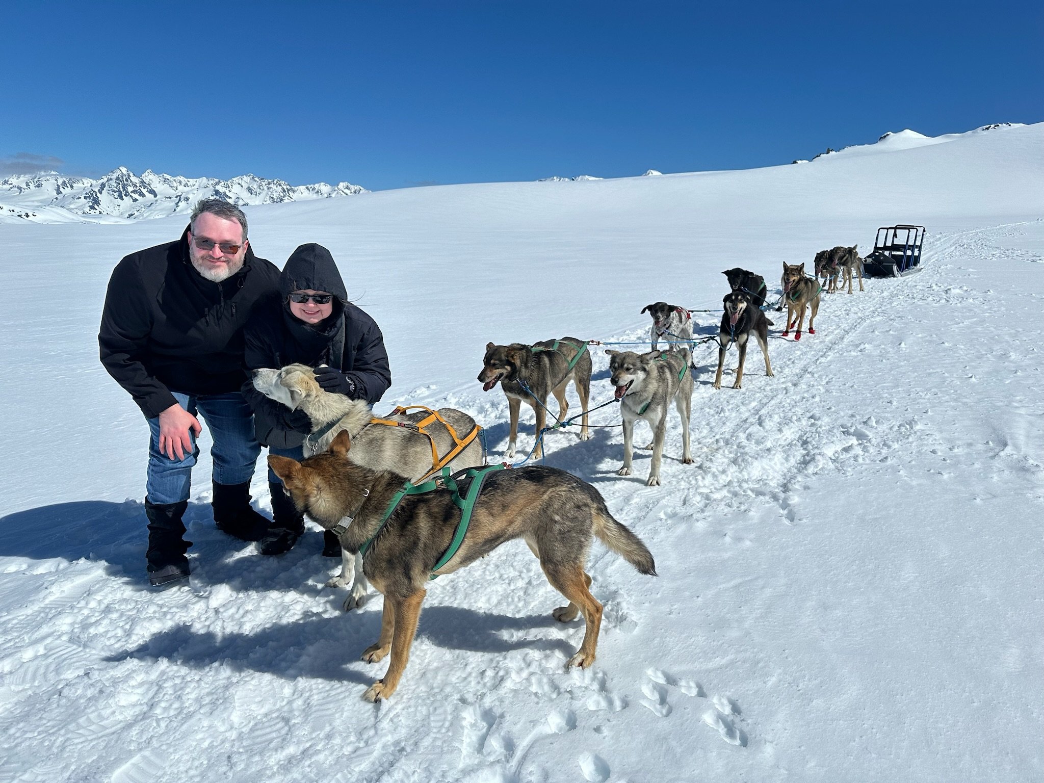Dog sledding excursion in snow-covered Arctic mountains landscape