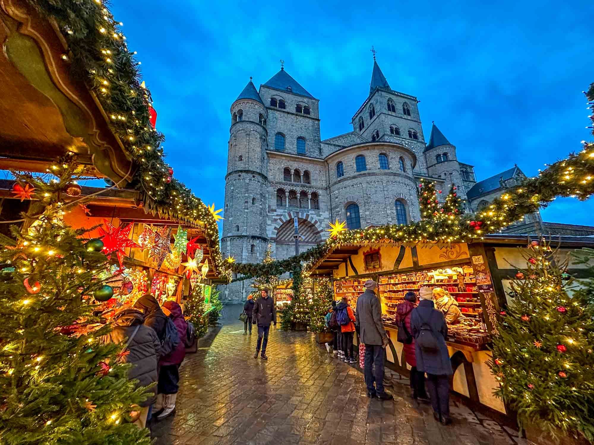 Christmas market at Cologne Cathedral, Germany evening