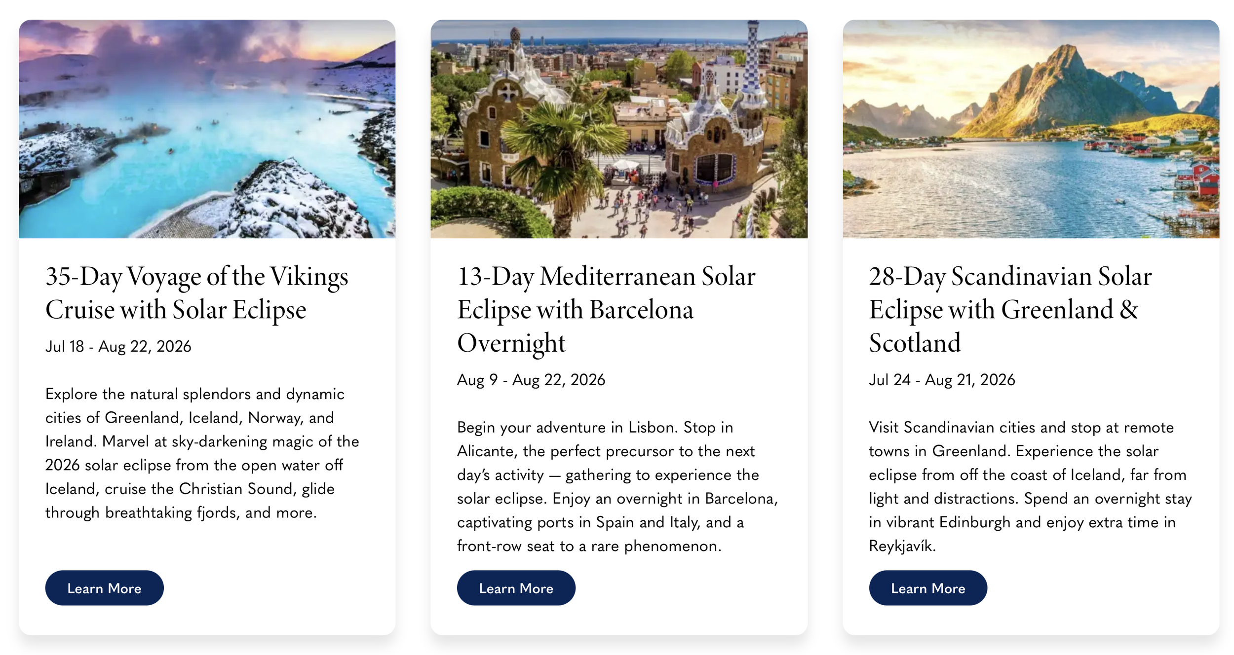 # Alt Text for Cruise Travel Blog Image

Three solar eclipse cruise packages: Vikings Greenland Iceland, Mediterranean Barcelona, Scandinavian Greenland Scotland