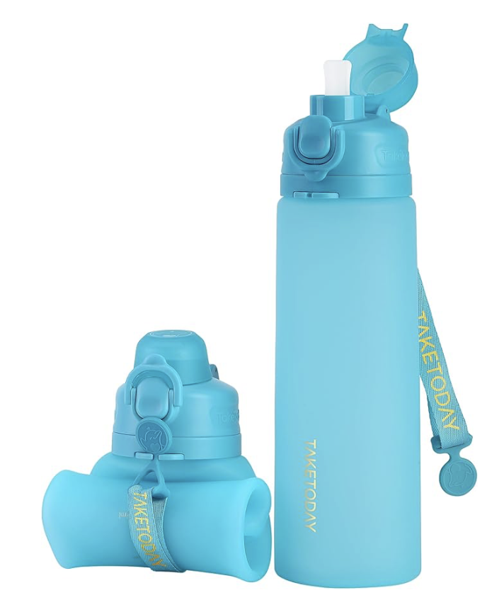 I can see this image shows two blue collapsible water bottles, not a cruise ship or travel scene. Here's appropriate alt text:

Two blue collapsible water bottles with carrying straps displayed