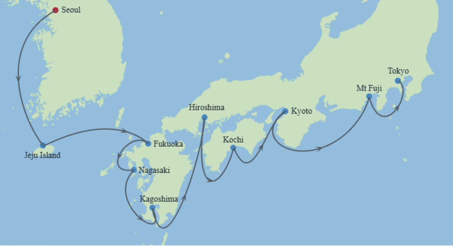Japan cruise itinerary map with multiple port destinations