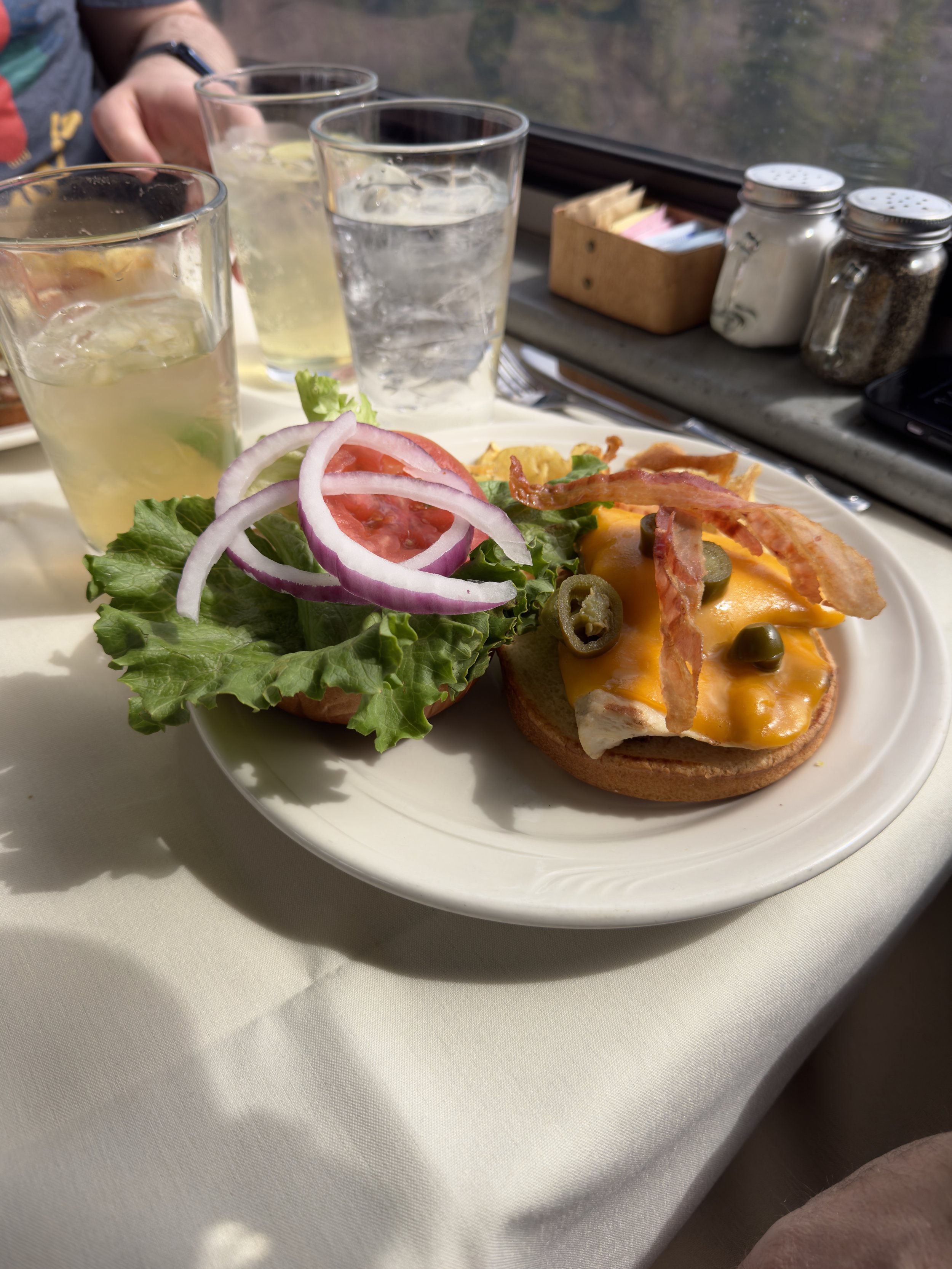 Gourmet burger with cheddar cheese and bacon on cruise ship