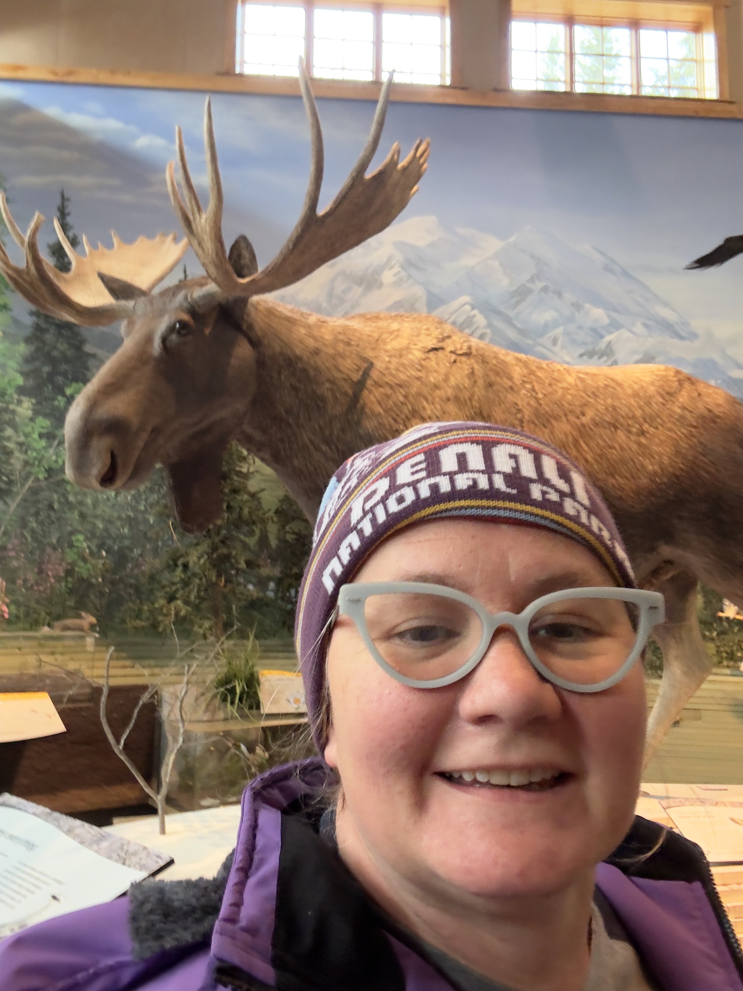 Person posing with moose display museum or wildlife exhibit